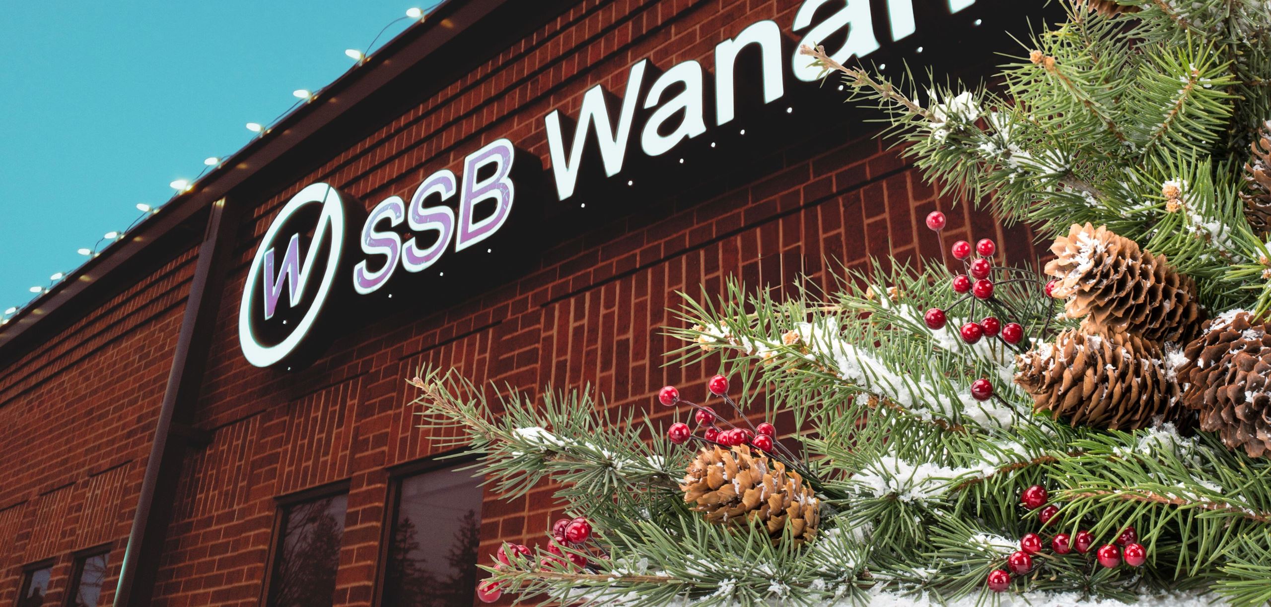 SSB Wanamingo sign outside with holiday greenery