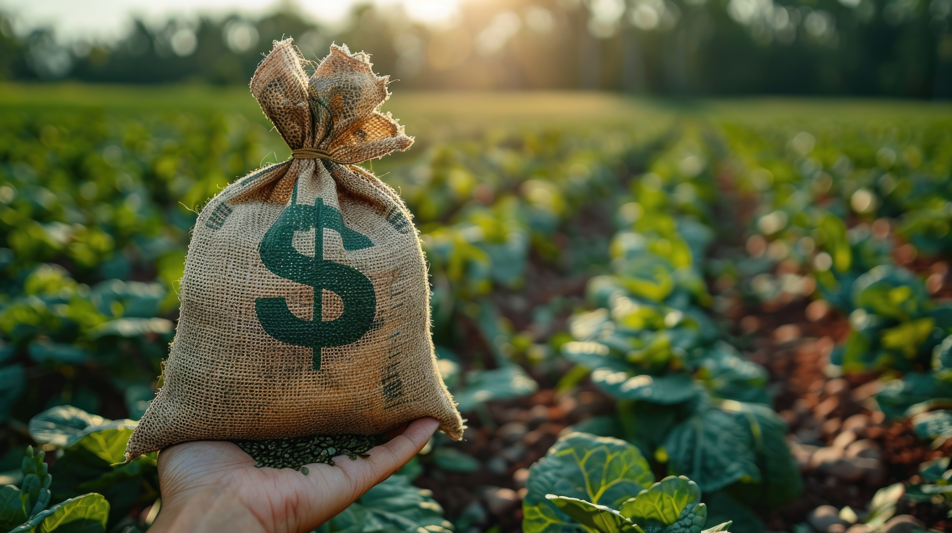 A hand holds out a dollar money bag on a background of a farm field