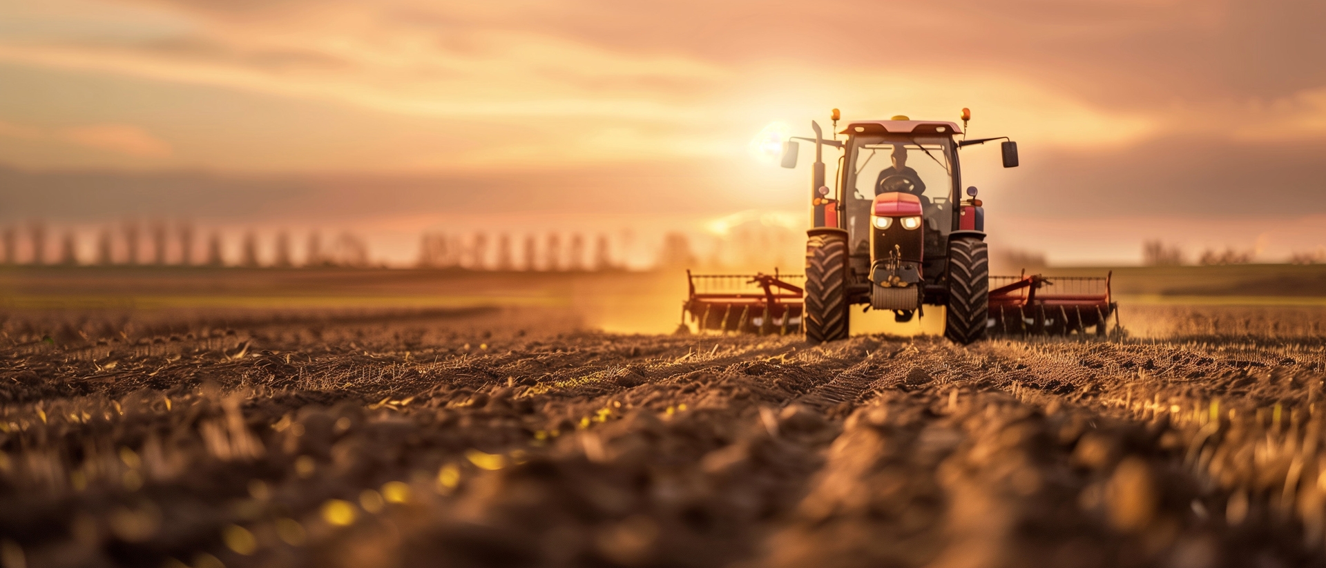 Tractor drilling seeding crops at farm field. Agricultural activity
