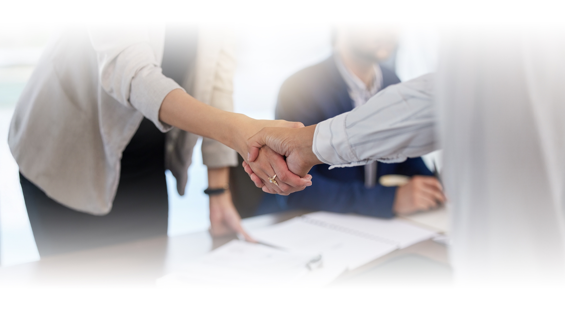 shaking hands and thank you handshake of a corporate worker in a office