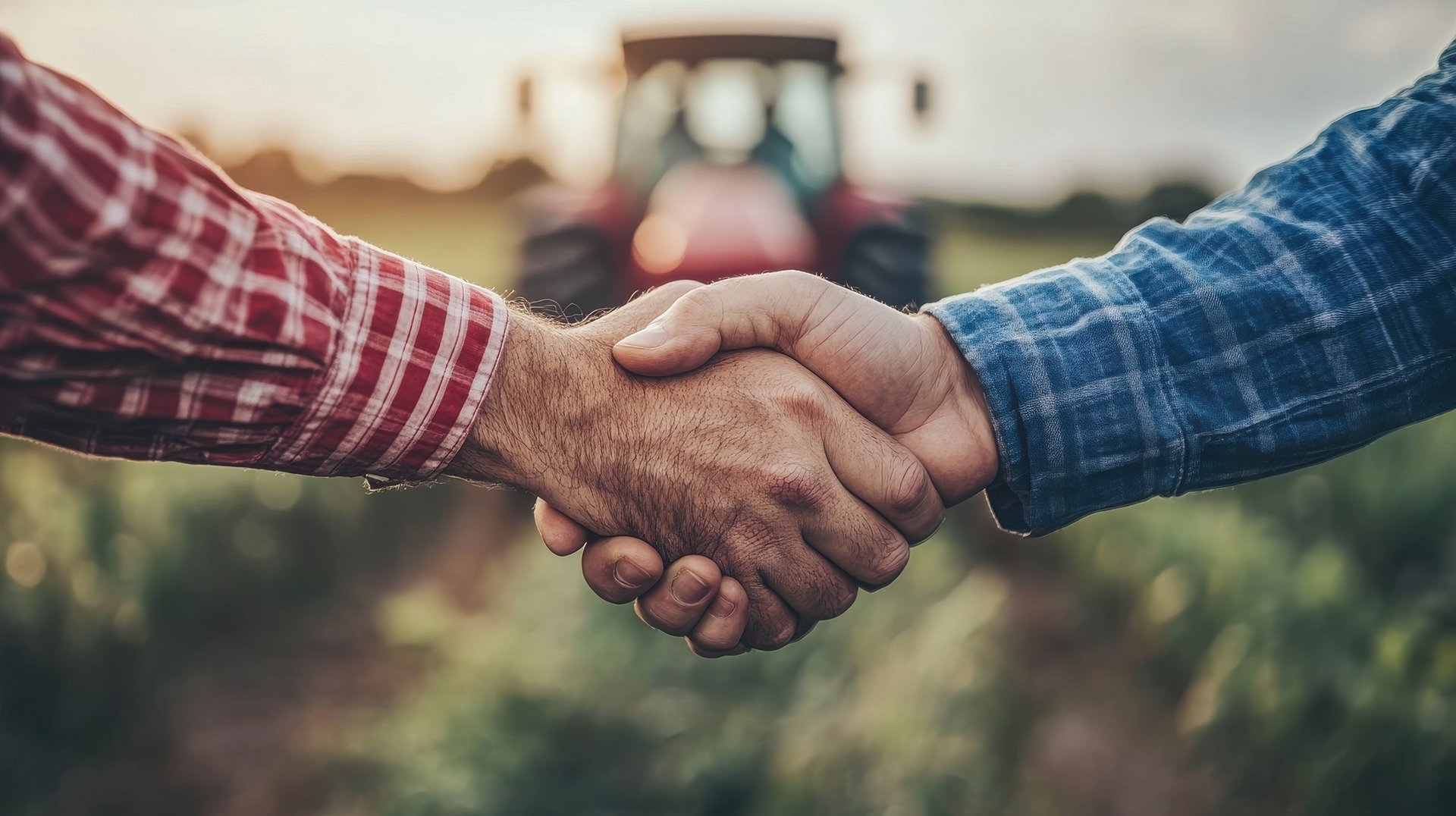 Two farmers shake hands in a serene agricultural setting