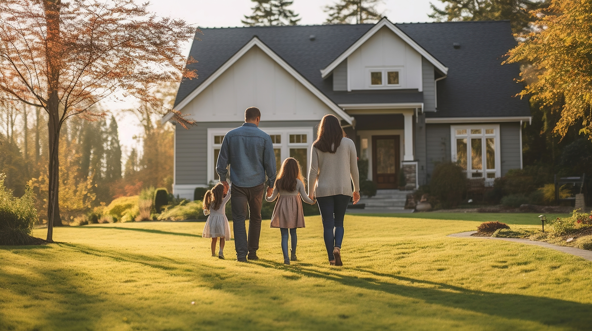 Young family looking at their new home standing